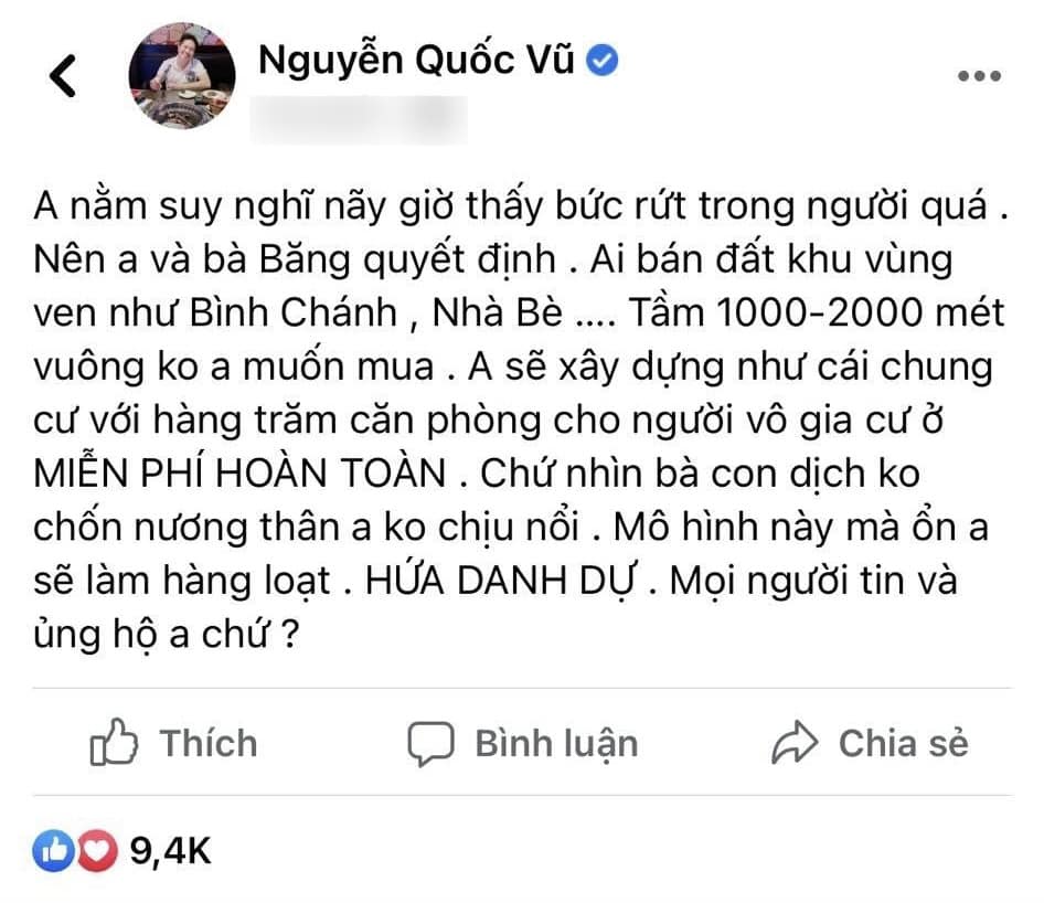 Lời “hứa danh dự” về việc xây nhà cho người vô gia cư được ông Vũ đăng tải trên trang cá nhân. Ảnh chụp màn hình