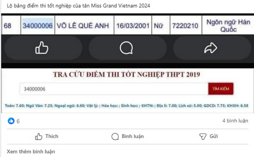 Điểm thi THPT năm 2019 được cho là của Võ Lê Quế Anh gây xôn xao mạng xã hội.